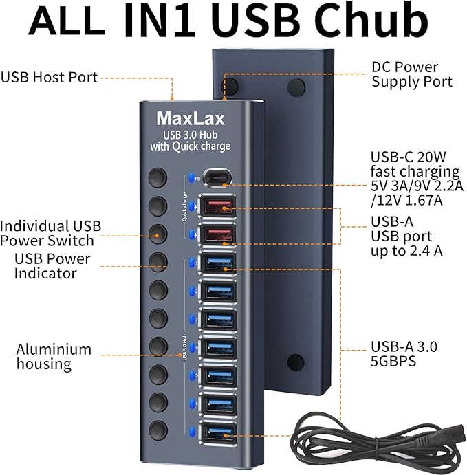 MaxLax Aluminum USB 3.0 hub with Charging Function, Power Adapter,Individual Power swiches (Silver Gray-10 Ports)