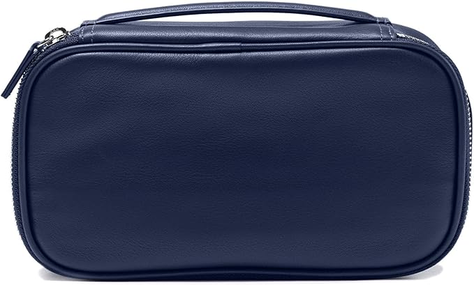 Leatherology Navy Blue Medium Leather Travel Organizer – Toiletry & Tech Case with Zipped Mesh Pocket, Elastic Loops & Water-Resistant Lining – Durable Storage for Everyday Travel
