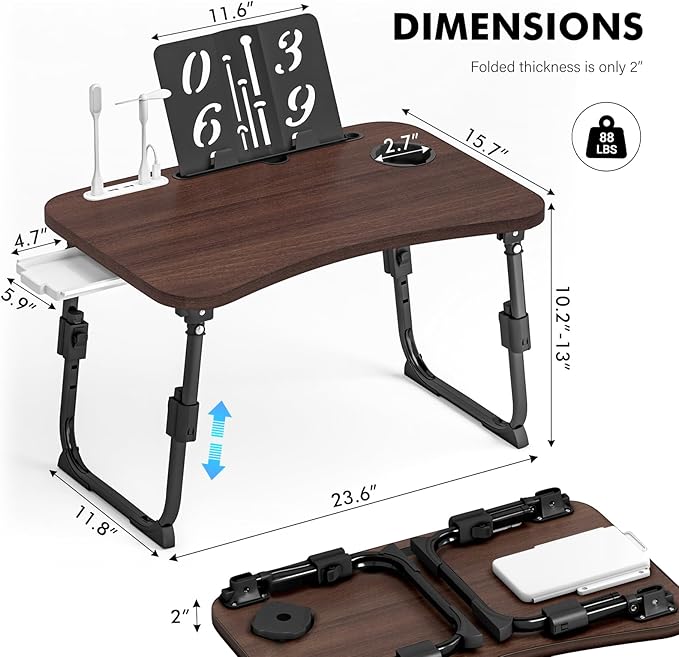 Lap Desk for Bed Adjustable Height, Foldable Bed Table with Storage Drawer, Tablet Slot & Cup Holder, Portable Laptop Stand for Bed & Sofa, Bed Desk for Adults & Kids, Walnut