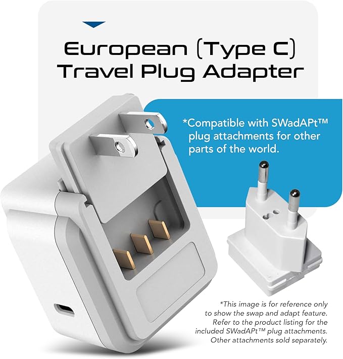 Ceptics European Plug Adapter, Safe USB-C 30W PD & QC 3.0-2 USA Socket - Compact & Powerful - Use in Greece, Italy, Switzerland, Turkey, Portugal - Includes Type C Swadapt Attachment