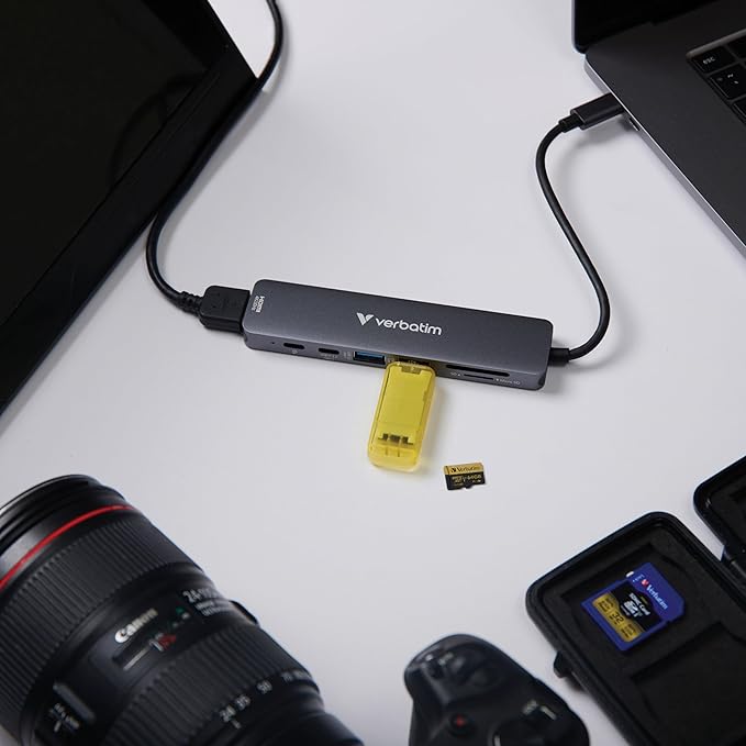 Verbatim USB-C Essentials Multiport Hub – 7 Ports: (2) USB-A 3.0/3.2 Gen 1, (2) USB-C 3.0/3.2 Gen 1, SD and Micro SD Card Slots with 4K HDMI and Up to 100W Power Delivery