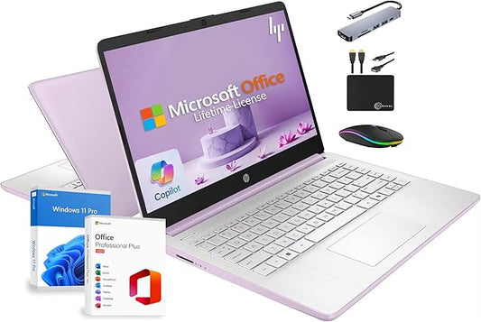 HP 14" Laptop 2025 Business Student Slim Computer, Lifetime MS Office, Copilot AI, Quad-Core Intel CPU, 16GB RAM, 628GB Storage (128GB UFS+500GB Ext), MarxsolAccessory, Wi-Fi 6, Win 11 Pro, Lavender