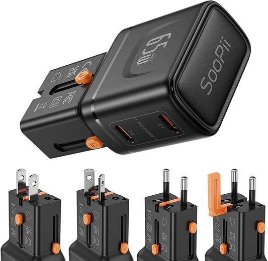 SooPii Universal Travel Adapter, 65W GaN Power Adapter with 2 USB-C Ports,International Power Adapter,Travel Charger with US/UK/EU/AU Plug for iPhone 16/15, Galaxy S25/S24, iPad, etc.