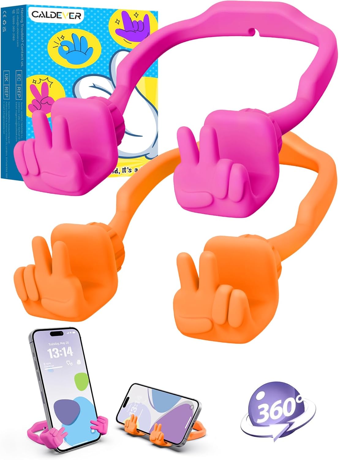 Stocking Stuffers for Teens Girls Boys Kids Cell Phone Stand: 2 Pack Upgrade Adjustable Peace Sign Thumbs Lazy Phone Holder for Desk Gadget Birthday Gifts for Women Men Adults (Hot Pink&Orange Yellow)