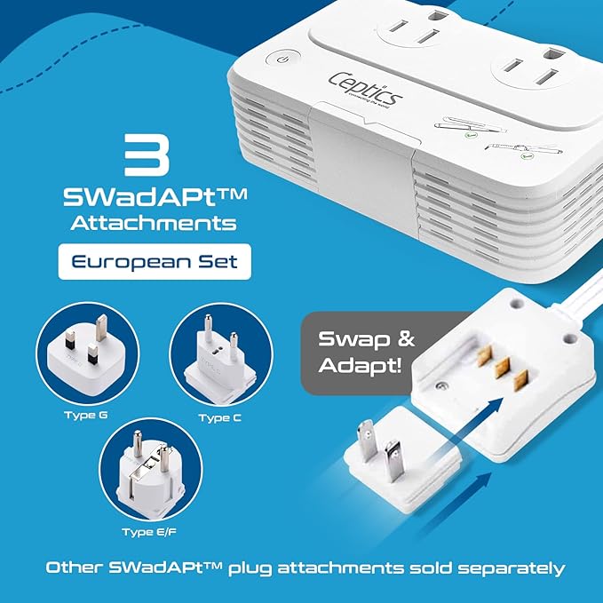 Ceptics European Travel Voltage Converter, 200W Adapter for Curling Iron, Straightener, Charger, Step Down World Power Plug - 4 USB PD 18W Fast Charging - SWadApt Compatible - Type C, E/F, G Included
