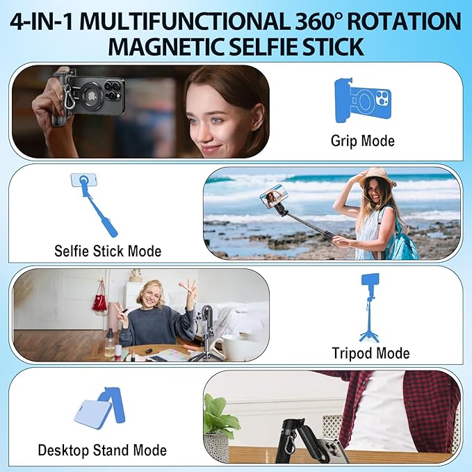 4-in-1 Multifunctional 360° Rotation Magnetic Selfie Stick, Portable Pocket Size Selfie Stick with Rechargeable Remote, Extendable Detachable Cell Phone Tripod for iPhone & Android