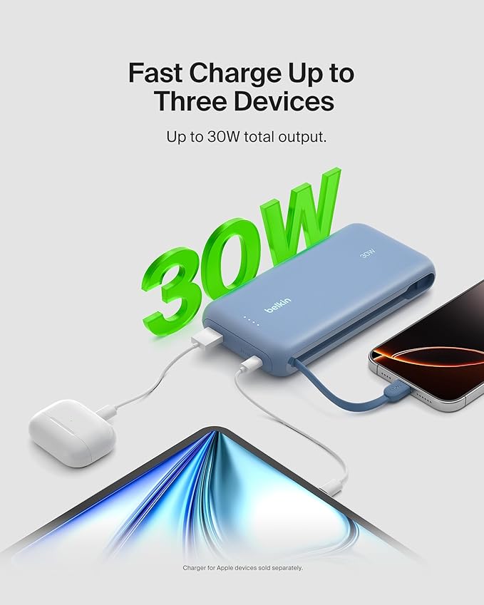 Belkin Portable Charger, Power Bank with Integrated Cable 20000 mAh 30W - Fast Charging USB C Power Delivery, iPhone Charger - iPhone 17, Air, Pro, Pro Max, iPad, Galaxy S25, & More - Blue