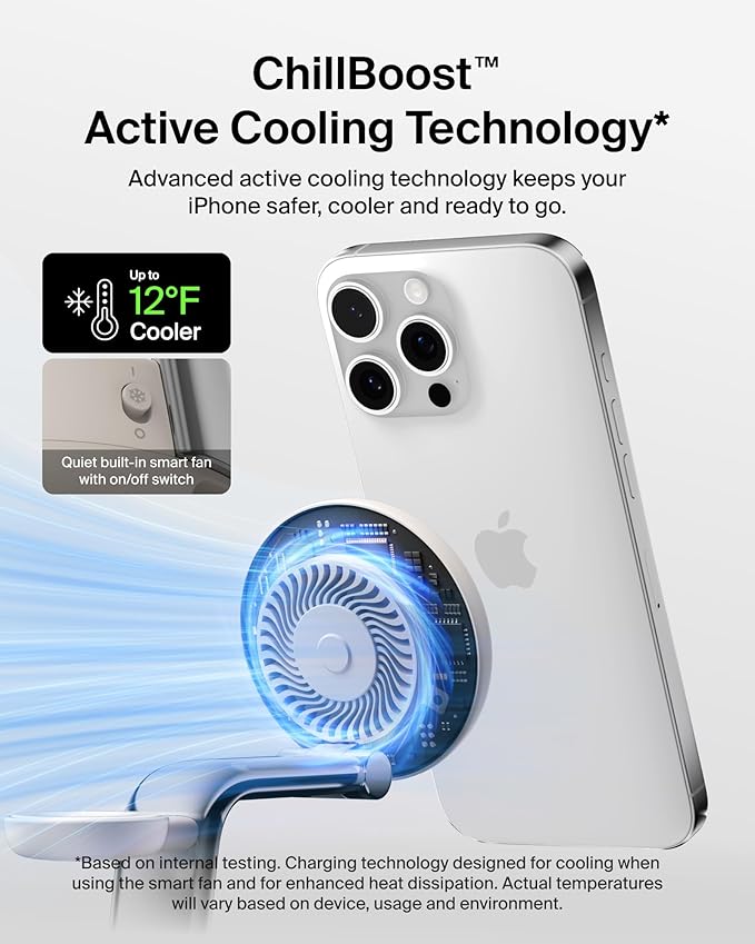 Belkin MagSafe Charger Compatible, 3-in-1 Charging Station, Qi2.2 25W w/Cooling Fan (On/Off Control) Magnetic Wireless Charger for iPhone 17, Apple Watch, AirPods, Pixel 10 (45W Adapter Included)