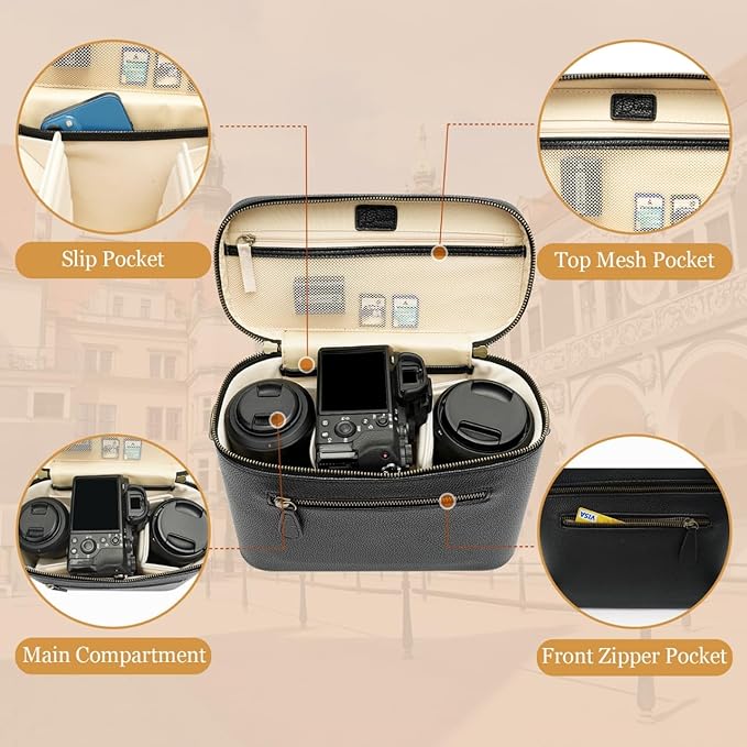 Camera Sling Bag, Waterproof PU Leather Crossbody Camera Case for Photographers, Small Shoulder Bag Compatible for Canon Nikon Sony, 4L Black