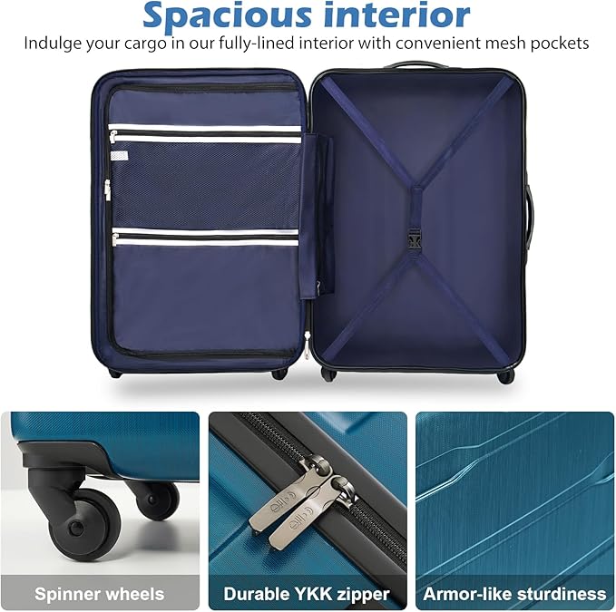 Coolife Luggage Expandable 3 Piece Sets PC+ABS Spinner Suitcase 20 inch 24 inch 28 inch (Teal., 3 piece set)