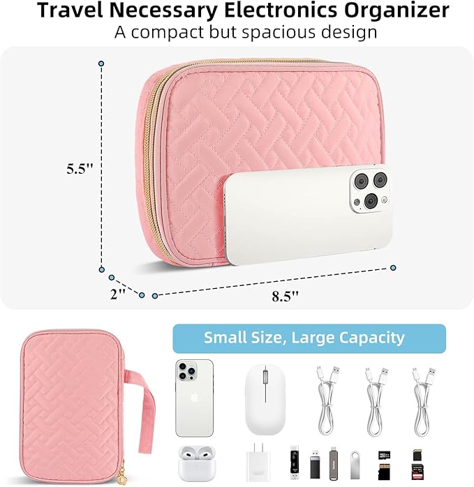 Electronics Organizer Travel Case, Charger Bag Cord Organizer Travel, Compact Tech Pouch Cable Organizer Bag for Charger, Cords, Phone, Headphones, Flash Drive, SD Card (Pink, Small-Double Layer)