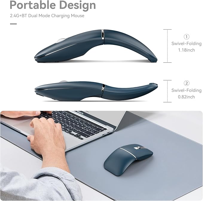 Bluetooth Wireless Arc Travel Mouse, Dual Model (2.4G+BT5.1) Rotating Foldable Mouse for Microsoft, Rechargeable Slim Portable Mice for Laptop, Notebook, PC, MacBook, Chromebook - Sapphire Blue