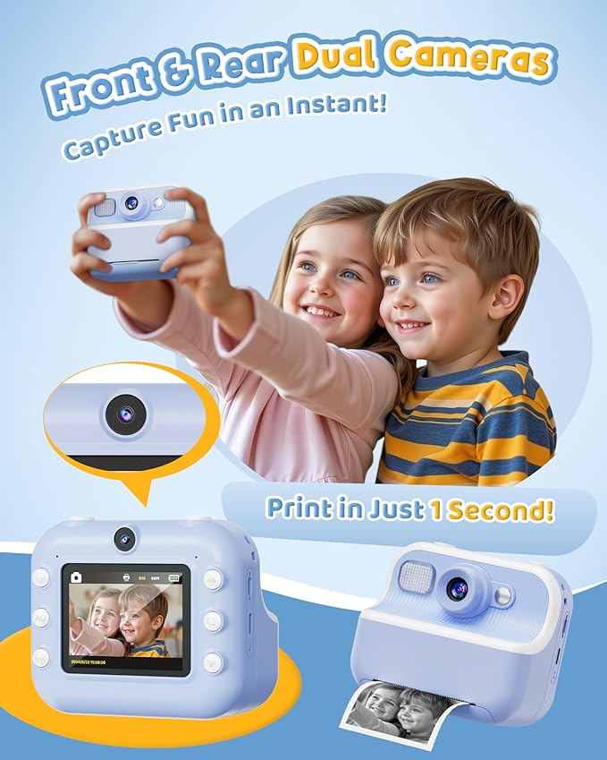 Instant Camera, Front Rear Dual Selfie Kids Camera with 1080P Videos, Holiday Birthday Gifts for Kids Age 3-12, Toddler Portable Travel Print Digital Camera Toy for 4 5 6 7 8 9 Year Boys Girls