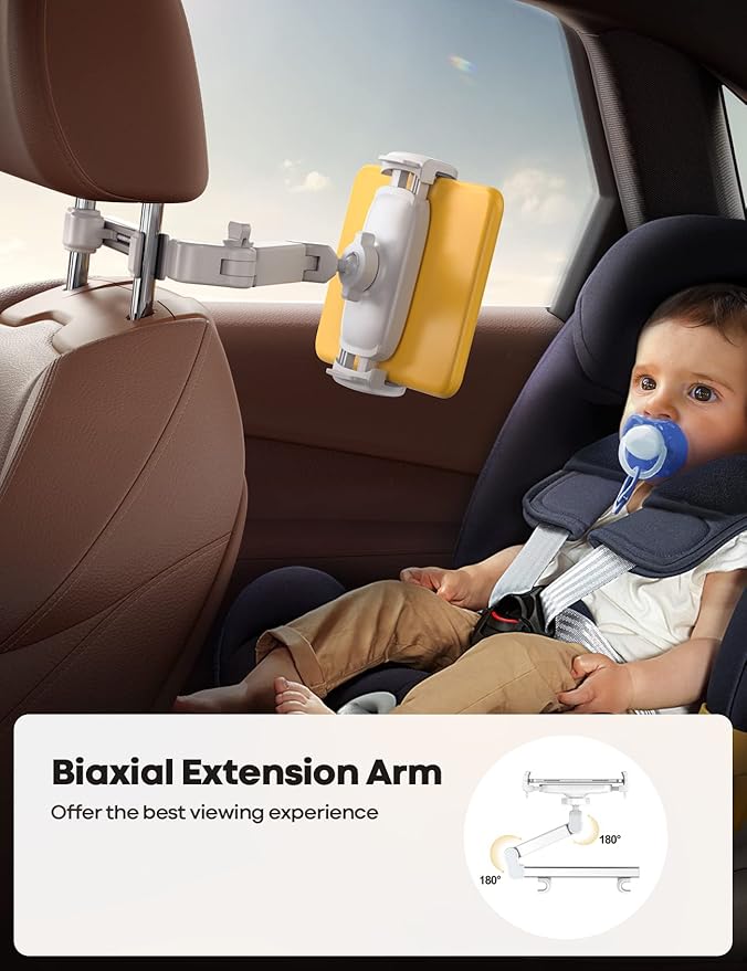 Lamicall Car Headrest Tablet Holder - [Extension Arm] Upgrade Adjustable Tablet Car Mount for Back Seat, Road Trip Essentials for Kids, for 4.7-11" Device like iPad Pro, Air, Mini, Galaxy, Fire, White
