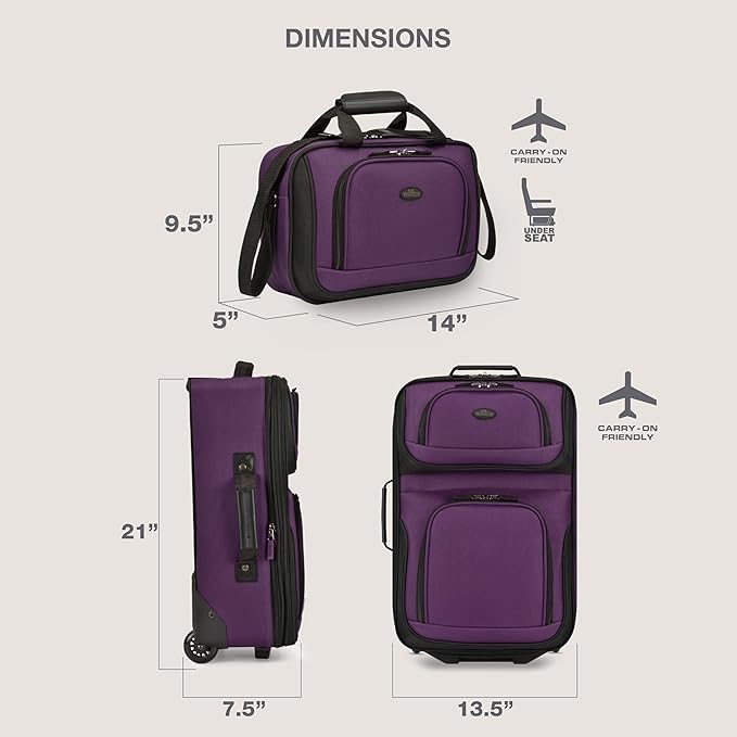 U.S. Traveler Rio Fabric Expandable Carry-on Luggage, Rolling Suitcase, Purple, 2 Wheel Set