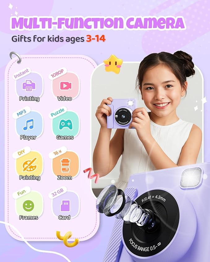 Kids Instant Print Camera, Christmas Birthday Gifts for Girls and Boys, 1080P HD Video Digital Kids Camera with Print Paper & 32G Card, Toddler Toy for 3-14 Years Old (Purple)