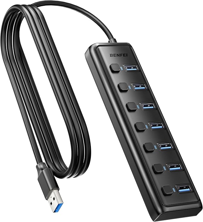 BENFEI USB 3.0 Hub 7-Port, Ultra-Slim Portable USB Splitter with 3.3ft Cable - Compatible with MacBook Pro/Air,Mac Pro, Mac Mini, iMac, Surface Pro, XPS, PC, Flash Drive, Mobile HDD (No Charging Port)