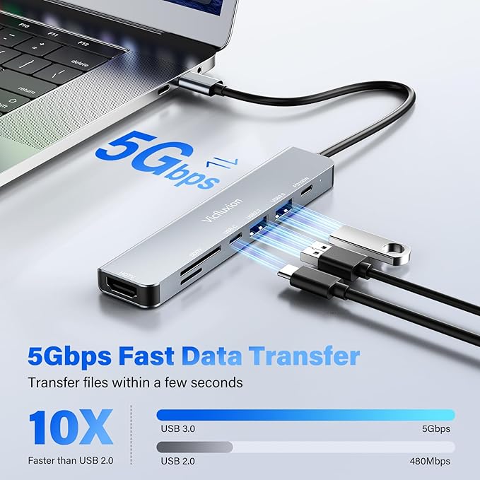 USB C Hub Multiport Adapter 7-in-1 with 4K HDMI Dongle USB 3.0,SD/TF Card Reader, 100W PD Charging, Aluminum, USB C Docking Station USB c hub for MacBook Pro/Air, PC/Laptop/Tablet Devices