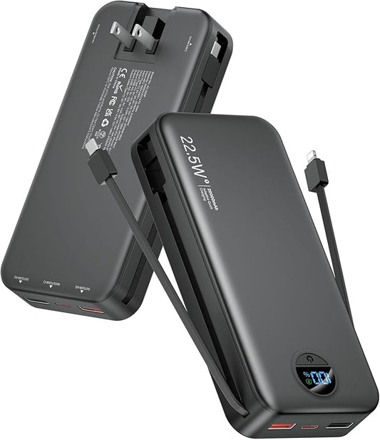 Portable Charger Power Bank, 20000mAh 22.5W USB C Fast Charging with Built-in Cables & Wall Plug, External Battery Bank with LED Display, Travel Essential Compatible with iPhone, iPad, Samsung Black