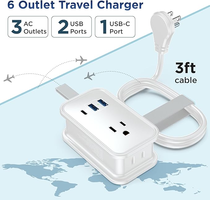Travel Charger for Multiple Devices, Flat Plug Power Strip 3ft Adapter Extension Cord, 3 AC Outlets, 2 USB & 1 Fast Charging USB-C, No Surge Cruise Approved, Portable Power Strip