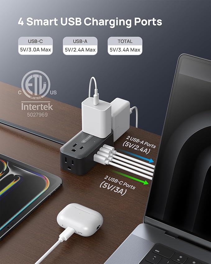 TROND 360° Rotating Flat Plug Power Strip, 5FT Extension Cord with 4 USB Ports, 4 Wide Spaced AC Outlets, Wall Mount, 900J Surge Protector for Office Travel Dorm Room Essentials, Black