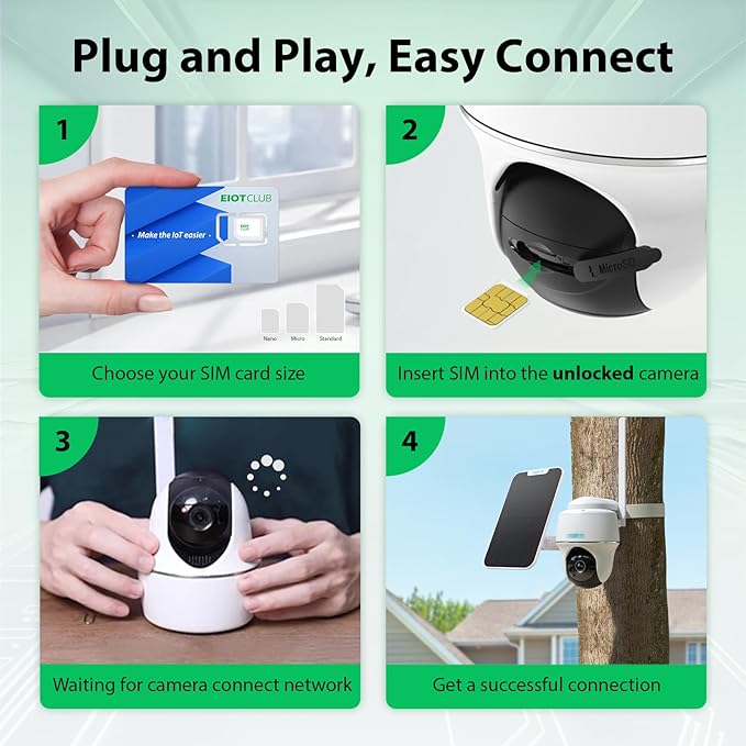 (4 Pack) EIOTCLUB Prepaid SIM Card, 5G/4G LTE SIM Card, Support for AT&T and T-Mobile in The USA, Data Only SIM Card for Security Camera Trail Camera Router WiFi Hotspot Unlocked Devices, No Contract