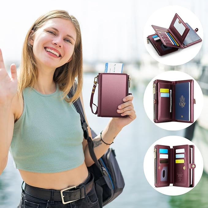 Passport Holder Wallet Bag with AirTag Holder, 11 Card Slots and Passport Solt Cash Solt Photo Solt Zipper Pocket, RFID Blocking Wristlet Strap.Wine