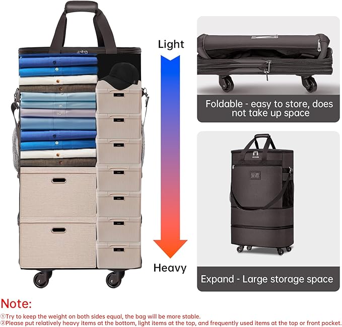 Suitcases with Wheels Expandable Luggage Bag Foldable Suitcase with 4 Universal Wheels Collapsible Rolling Travel Case Large Capacity Duffel Bag (Coffee)