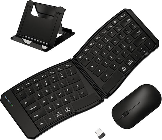 Ergonomic Foldable Keyboard and Mouse Combo, 2.4G+Dual Bluetooth Rechargeable Folding Keyboard Mouse for Travel and Business, Split Design, Portable Size for Laptop iPads Tablet Smartphone