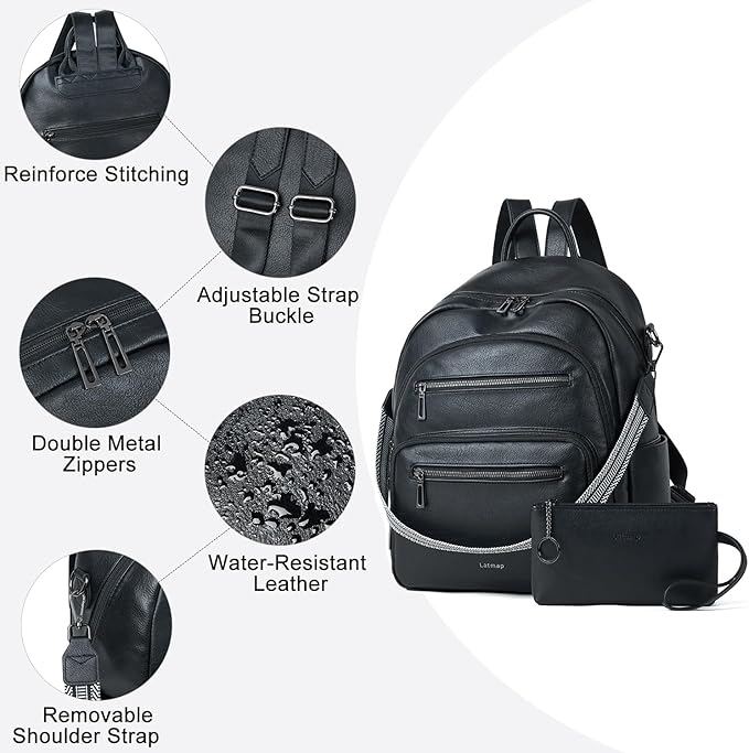 Backpack Purse for Women Laptop Backpack, Leather Travel Backpack Shoulder Bag Teacher College Daypack Work Handbag fits 14" Laptop-Black