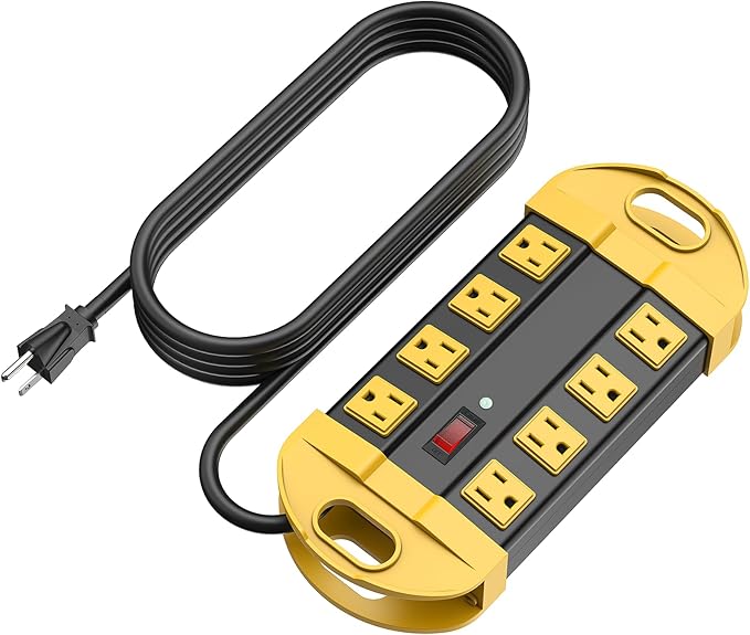 CCCEI Heavy Duty Power Strip Surge Protector, Metal 8 Outlets Power Strip for Appliance. Garage Shop Industrial Workbench 15 AMP Outlets Strip. 6FT Extension Cord, Yellow