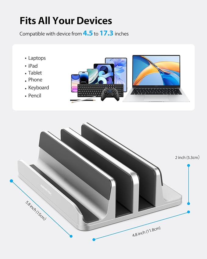AboveTEK Vertical Laptop Stand, 3 Slots Aluminum Desk Laptop Holder & Laptop Docking Station Stand for MacBook, Tablet, Phone - Universal Fit (Up to 17.3") - Heavy Duty Polished, Anti Slide - Silver