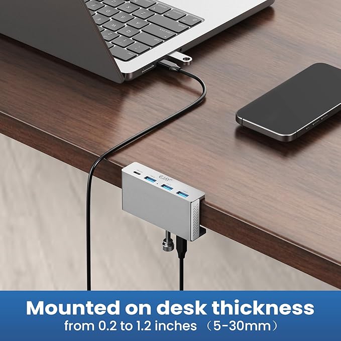 EJAY Mountable 4Ports USB3.0 HUB Alu Desktop Clamp Type C USB3.0 Splitter for Desk/Monitors with Extra Power Supply Port,59inches Data & 39inches Power Cables-5Gbps (BJ-3A1C-SV)