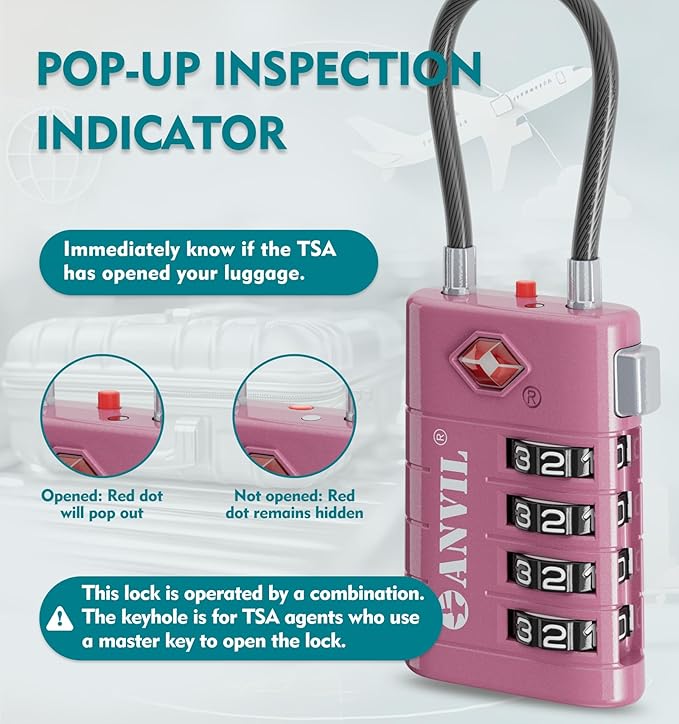 ANVIL 4 Digit Luggage Locks, TSA Locks for Luggage, Advanced TSA008 core, Alert Indicator for Your Travel Lock, Suitcase Lock. (2, Rose Purple)