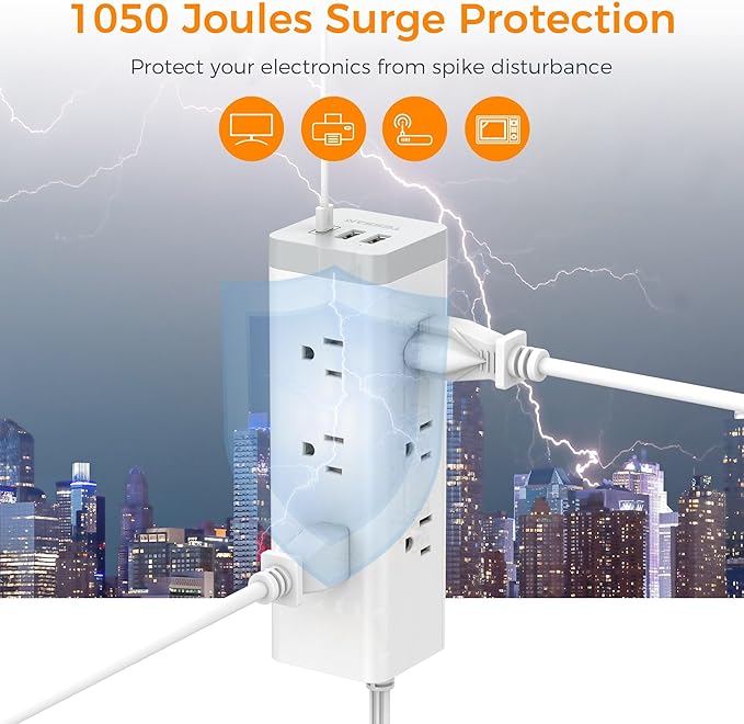 TESSAN Surge Protector Power Strip with USB, Ultra Thin Flat Plug 6 FT Extension Cord with 9 Outlets 3 USB(1 USB C), 1050 J Surge Protector Charging Station for Indoor,Office, Dorm Room Essentials