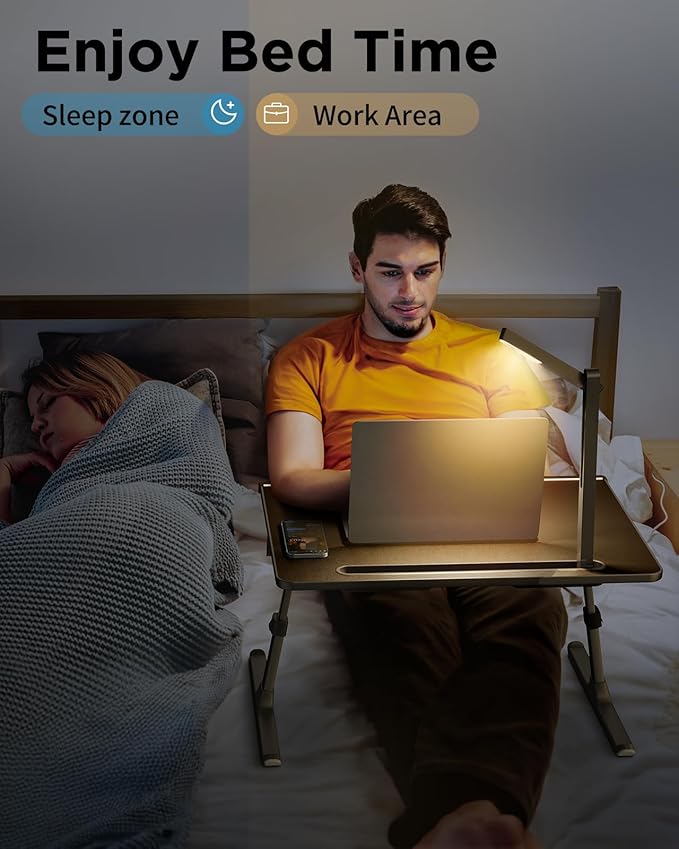 Laptop Bed Tray Desk with LED Desk Light, SAIJI Adjustable Laptop Stand for Bed, XX-Large PVC Leather Foldable Table with Book Stand,Wrist Rest, Extra Leg Room(Black)