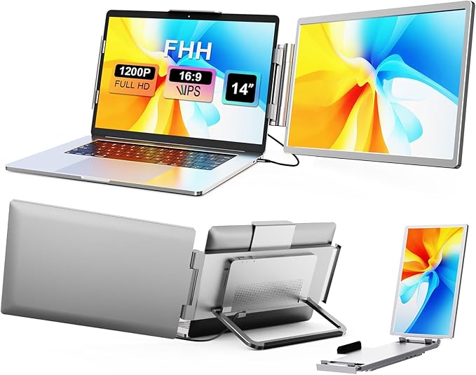 FHH Laptop Screen Extender, 14" FHD 1200P Dual Portable Monitor for Laptop- Travel Laptop Monitor Extender for 13-16.5" Type-C/HDMI/USB-A Plug & Play for Wins/Mac/Android/PS5