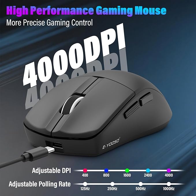 XuanGui Wireless Gaming Mouse,2.4G/BT/USB-C Wired,5-Level DPI 4000 Max,50g Lightweight,1000Hz Polling Rate,Macro Program,Side Buttons,44-Hour Battery Life,For Laptop/PC/Computer/Mac/Tablet (Black-1)