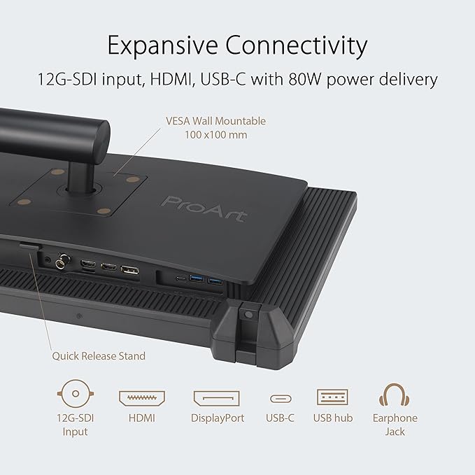 ASUS ProArt Display 24” 4K 12G-SDI HLG Professional Monitor (PA24US) - IPS, UHD (3840 x 2160), 99% Adobe RGB, 95% DCI-P3, ΔE < 1, USB-C, Built-in Motorized Colorimeter, Calman Ready, 3 Year Warranty