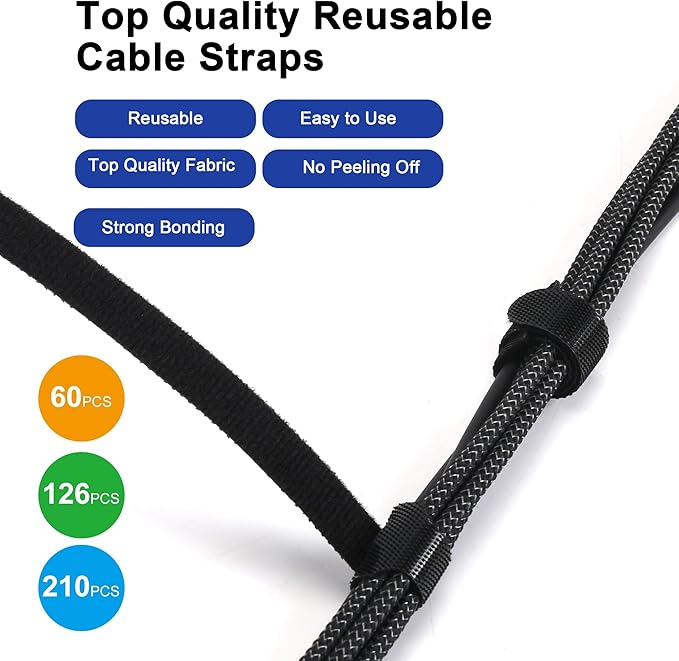 Reusable Cable Ties, 60 PCS 8 Inches Adjustable Cord Straps Wire Organizer Cord Wrap and Hook Loop Cable Management