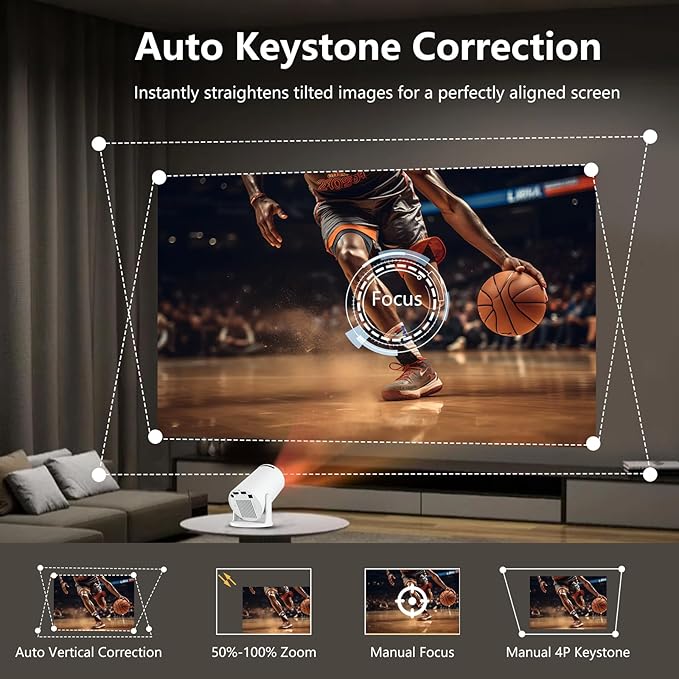 JREN Mini Android Projector Portable with WiFi and Bluetooth, Smart Projector with Auto Keystone, Outdoor Movie Projector for Bedroom Ceiling, Short Throw Roku Projector Home Theatre Mini