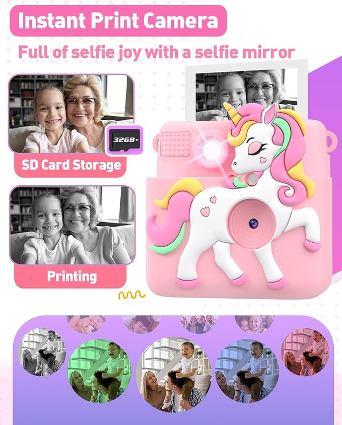 Kids Camera Instant Print with Silicone Cover, Creative Gifts for Girls Age 4-12 Birthday Christmas, 1080P Digital Camera Toy with 32GB SD Card - Pink