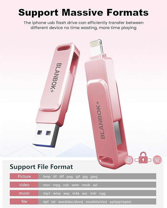 MFi Certified 256GB Flash Drive for iPhone Photo Stick, USB Memory Stick iPhone Flash Drive for Photos Videos, High Speed External Storage USB Stick Thumb Drive for iPhone/iPad/Android/PC(Rose Pink)