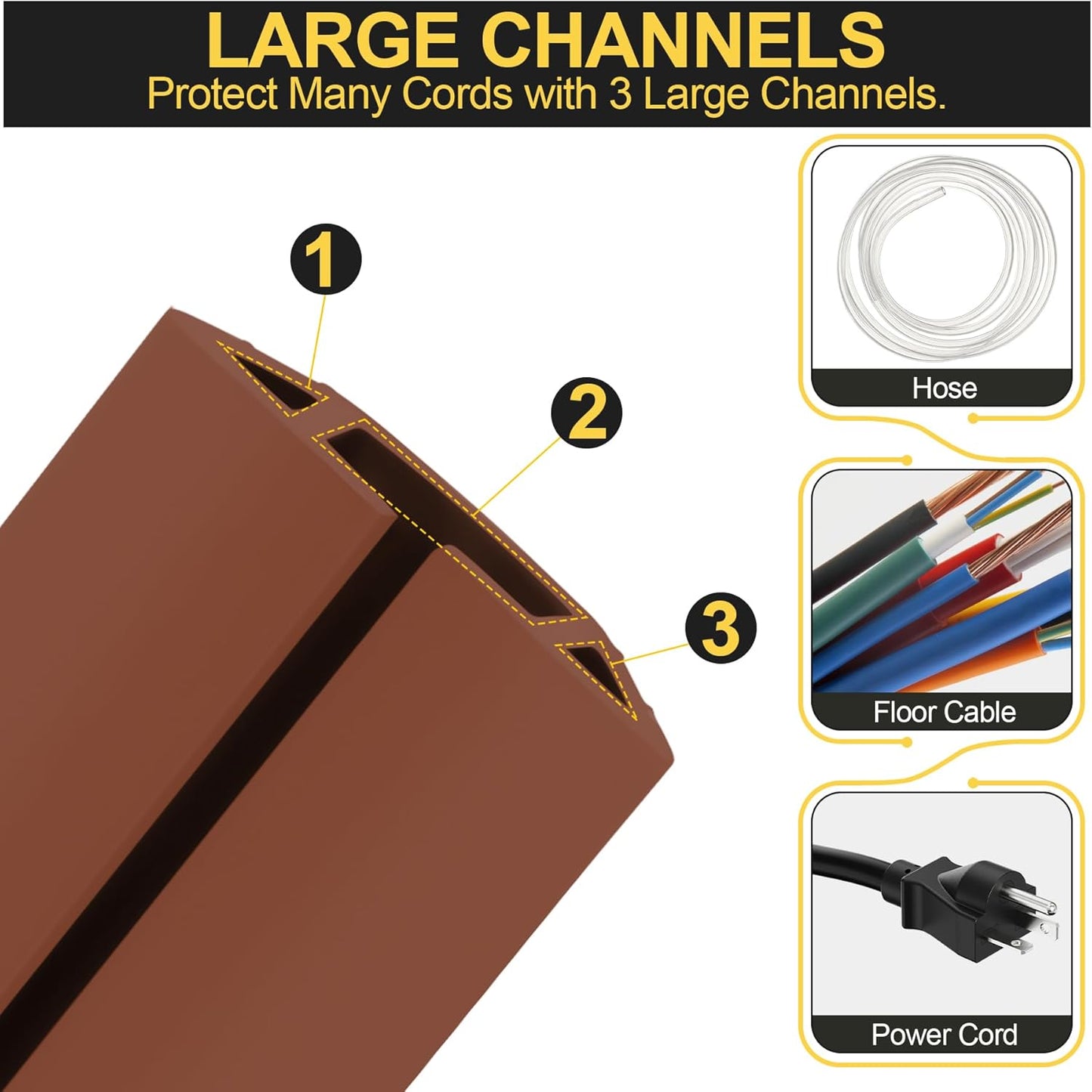 MYFAMIREA 4FT Floor Cord Cover Heavy Duty Cable Cover Protector with 3 Channels Extension PVC Floor Wire Cover Outdoor Cord Hider Management Cord Cover for Wire on Floor for Home Office Outdoor, Brown