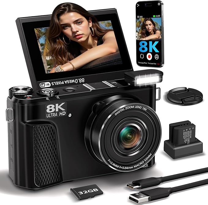 8K Digital Camera for Photography, 88MP Vlogging Camera for YouTube with 3" 180° Flip Screen, 18X Digital Zoom Point and Shoot Cam with 32GB Micro SD Card for Beginner (Gunmetal)