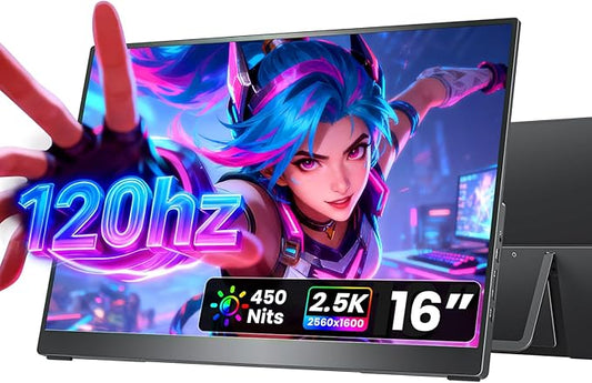 cocopar Portable Monitor 16 Inch 2.5K 120Hz 110% sRGB Travel Monitor with Speaker HDMI USB-C External Display for Laptop MacBook Surface PC Xbox PS4/5, VESA Mountable, with Kickstand