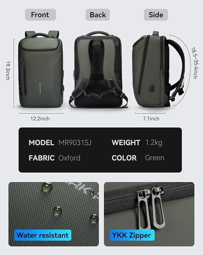 Muzee Backpack for Men Waterproof and Travel Laptop Backpack with USB Charging, Fits 17 Inch Laptop and Tech Gear