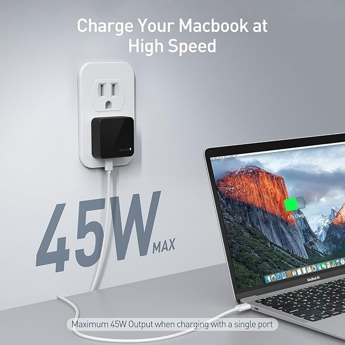 Nekmit Flat USB C Wall Charger, 47W Dual Ports USB C Charger Block, PPS Fast Charging Wall Plug for iPhone 15/15 Pro/15 Pro Max, Galaxy, MacBook Air, iPad, AirPods and More (Black)