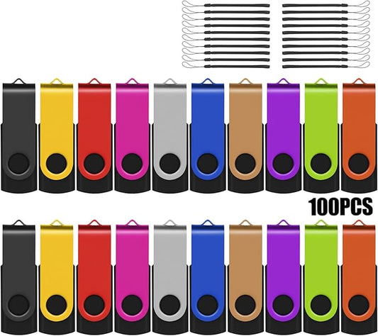 EASTBULL Flash Drives Bulk 2GB USB Thumb Drive 100 Pack USB 2.0 Memory Stick Swivel Pen Drive with Lanyard for Storage and Backup (2GB 100 Colors)
