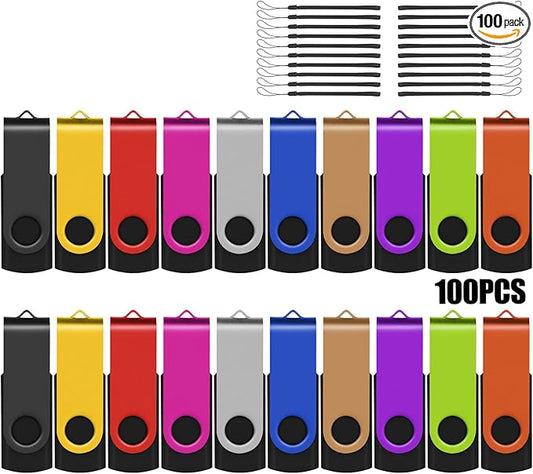 EASTBULL Flash Drive Bulk 8GB USB 100 Pack with Lanyards USB 2.0 Thumb Drive Bulk Memory Stick Swivel Pen Drive for Storage and Backup(8GB 100Pack, Mixed Color)